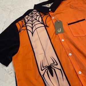 Hardaddy Shirt Men's XL Black Orange Spider Polyester Short Sleeves Button-Up